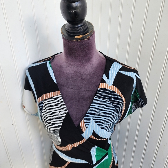 Nine West White Green Tan Faux Wrap Career Knee Length Spring Dress Short S - Picture 6 of 11